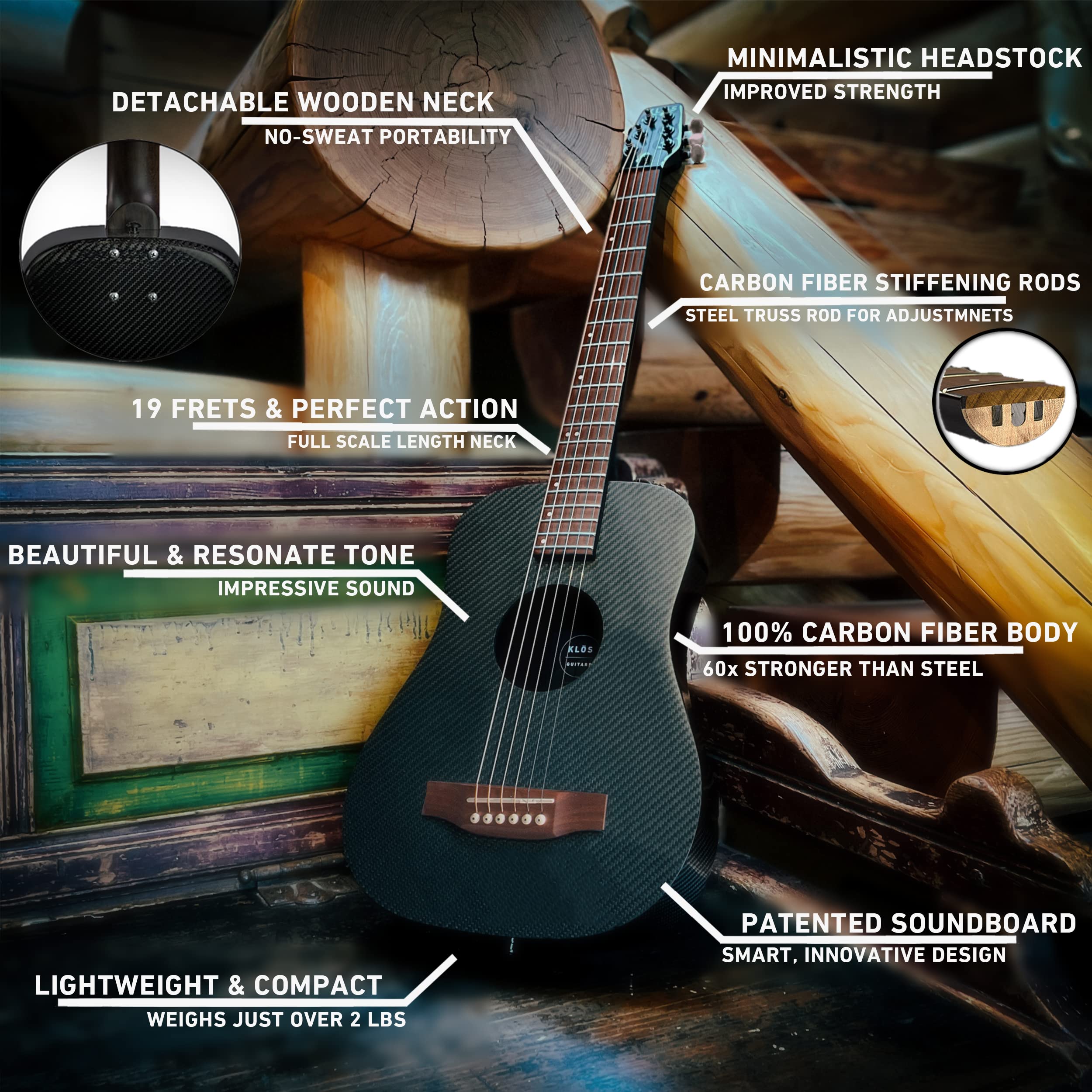 KLOS Travel Guitar, Durable Carbon Fiber Acoustic Guitar - Black with Gig Bag, Strap, Capo and more - Image 5